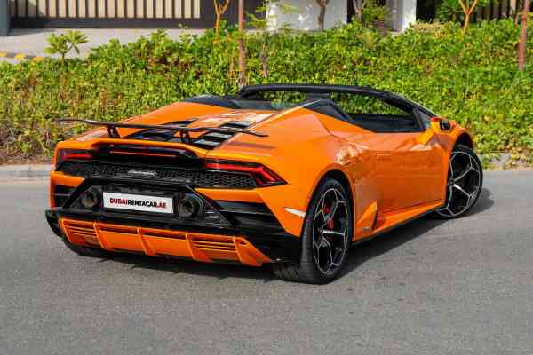 Rent Orange Lamborghini Huracan Evo Spider in Dubai