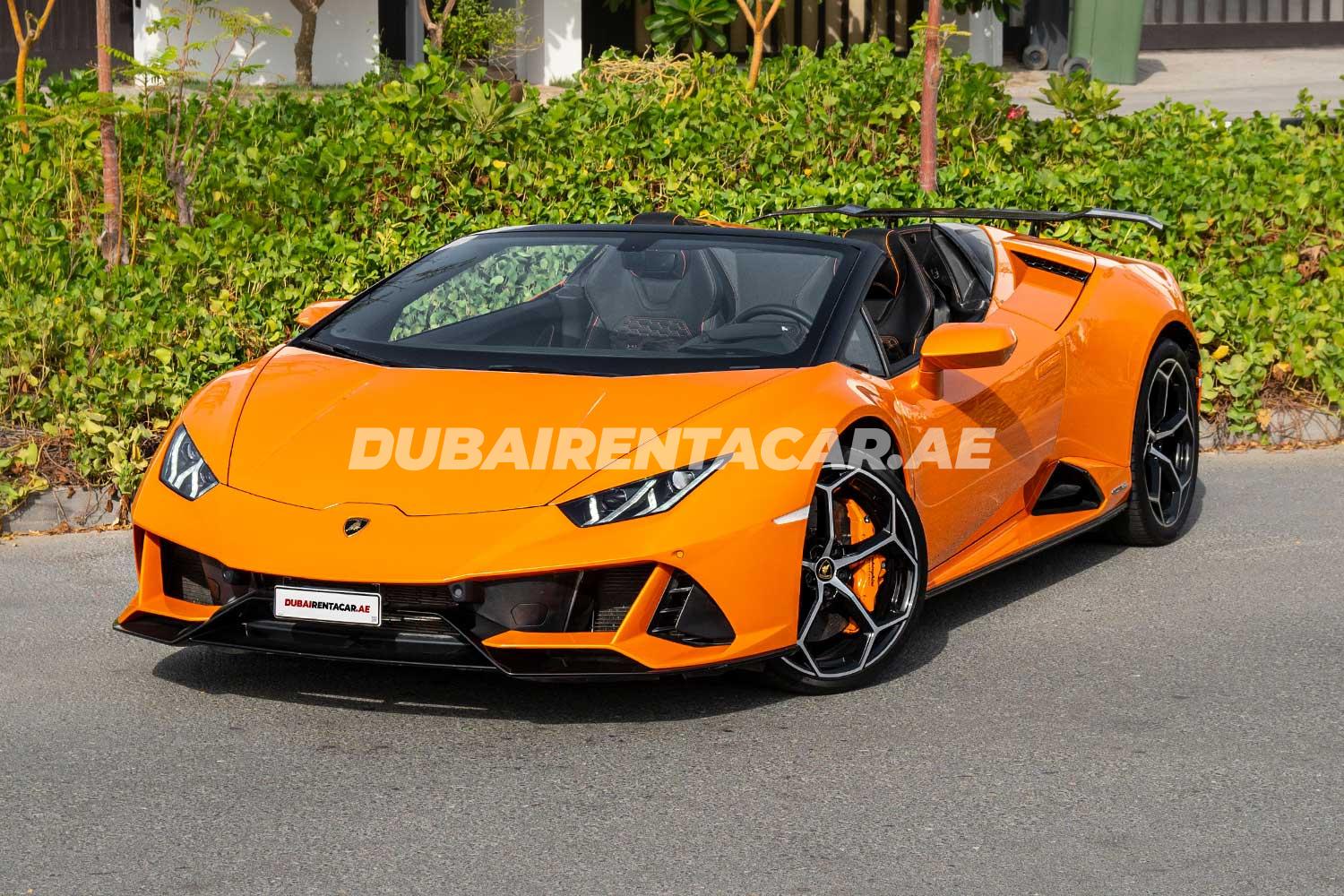 Rent Orange Lamborghini Huracan Evo Spider in Dubai